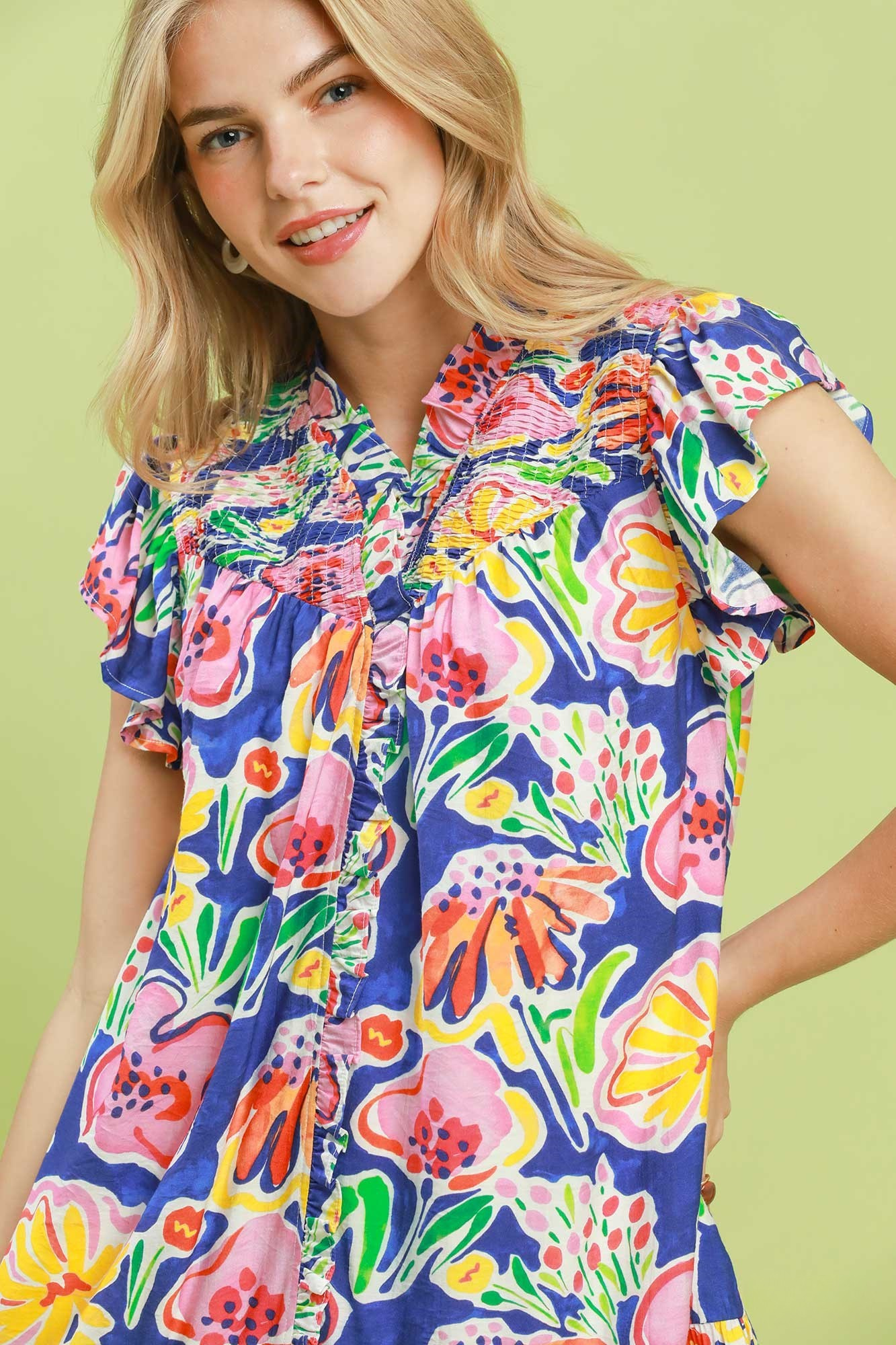 UMGEE FLORAL RUFFLE MINI DRESS - BLUE FLORAL MIX