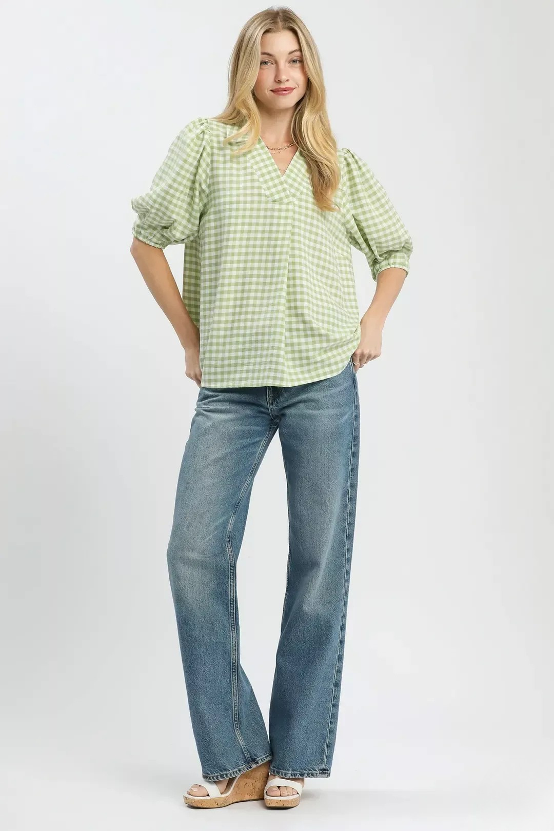 UMGEE GINGHAM PUFF SLEEVE COLLAR BLOUSE - SAGE