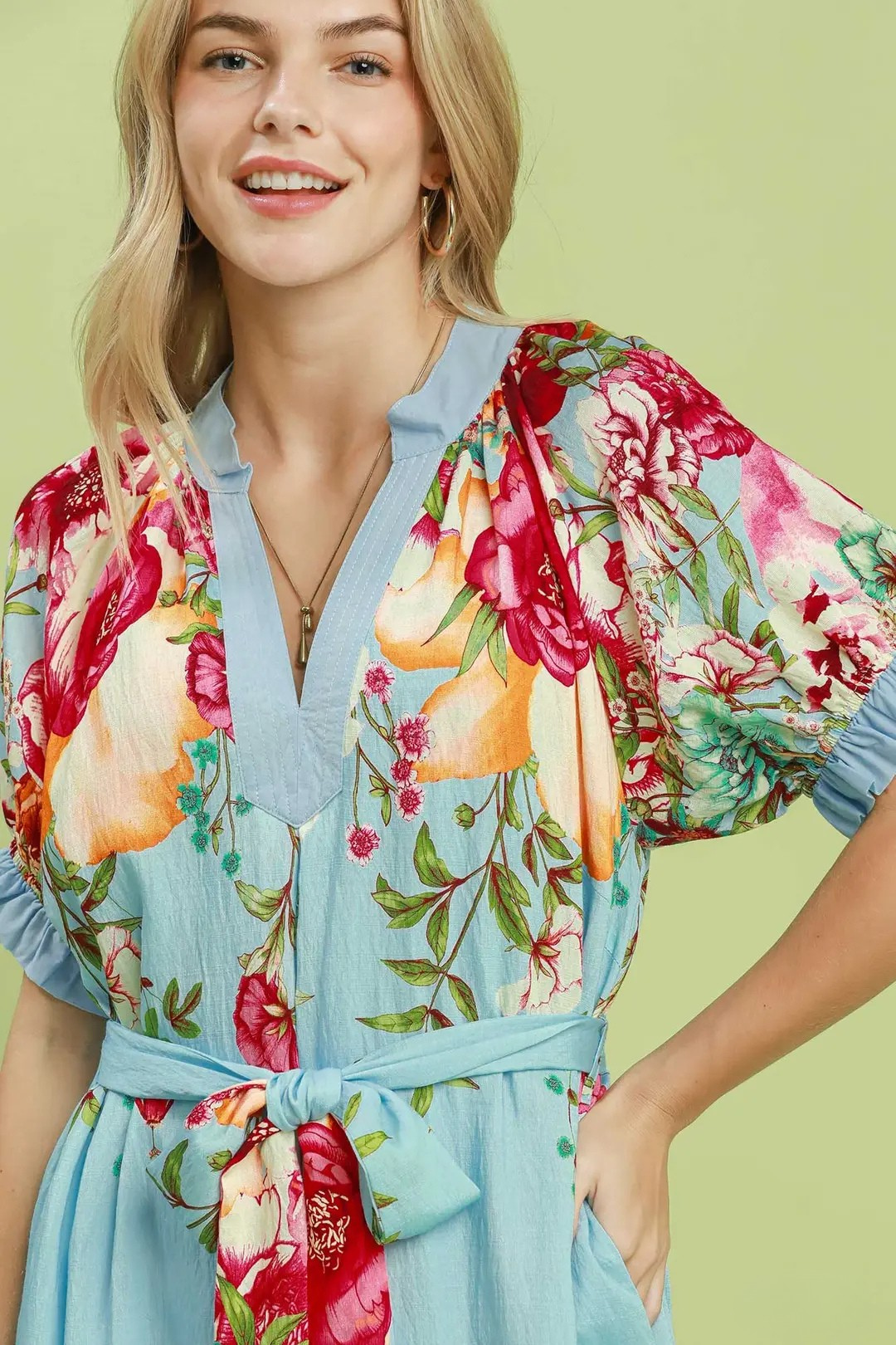UMGEE FLORAL BORDER PRINT MIDI DRESS - BLUE MIX