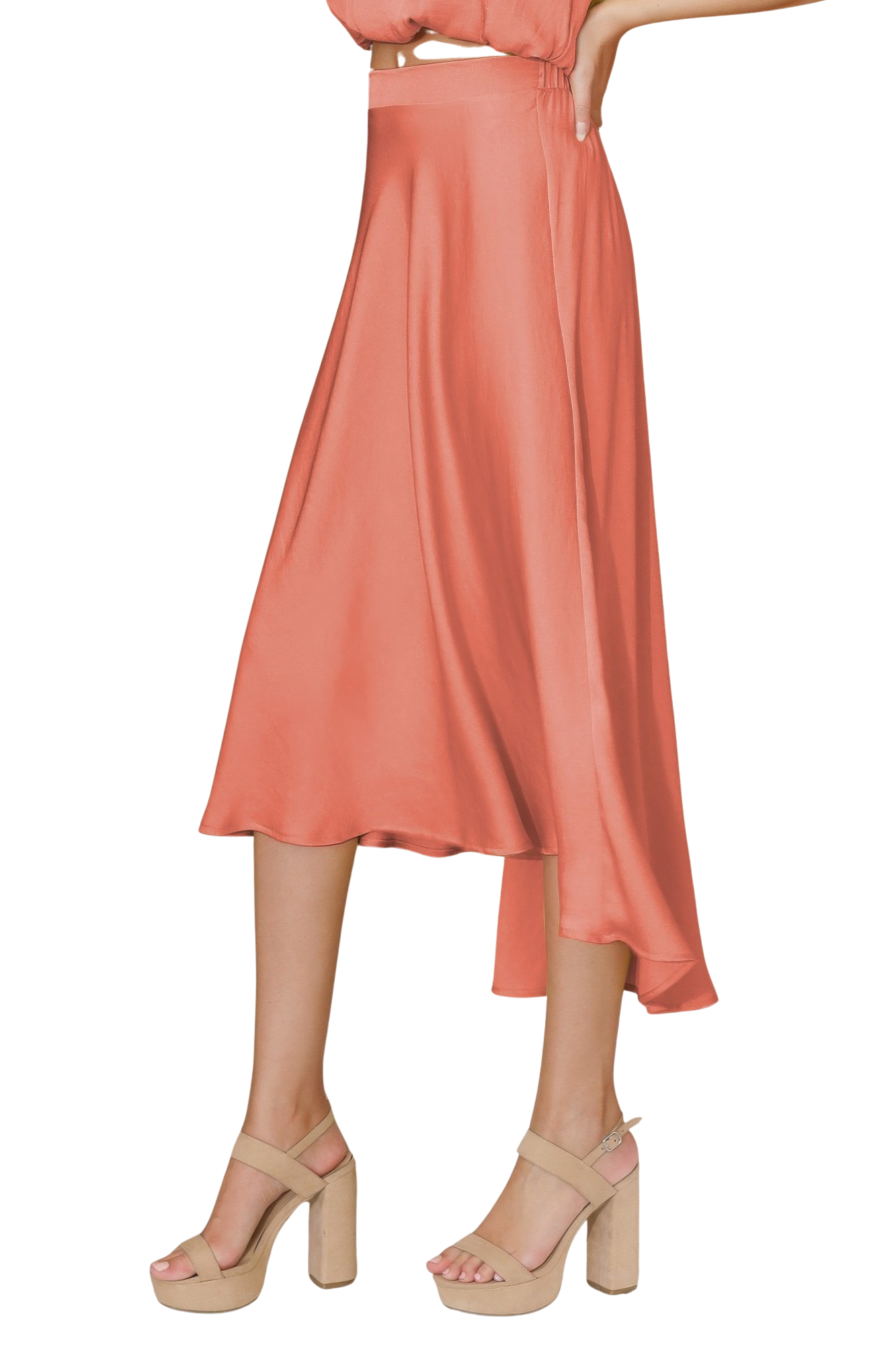 WASHED POLY SILK MIDI SWING SKIRT - PEACH PINK