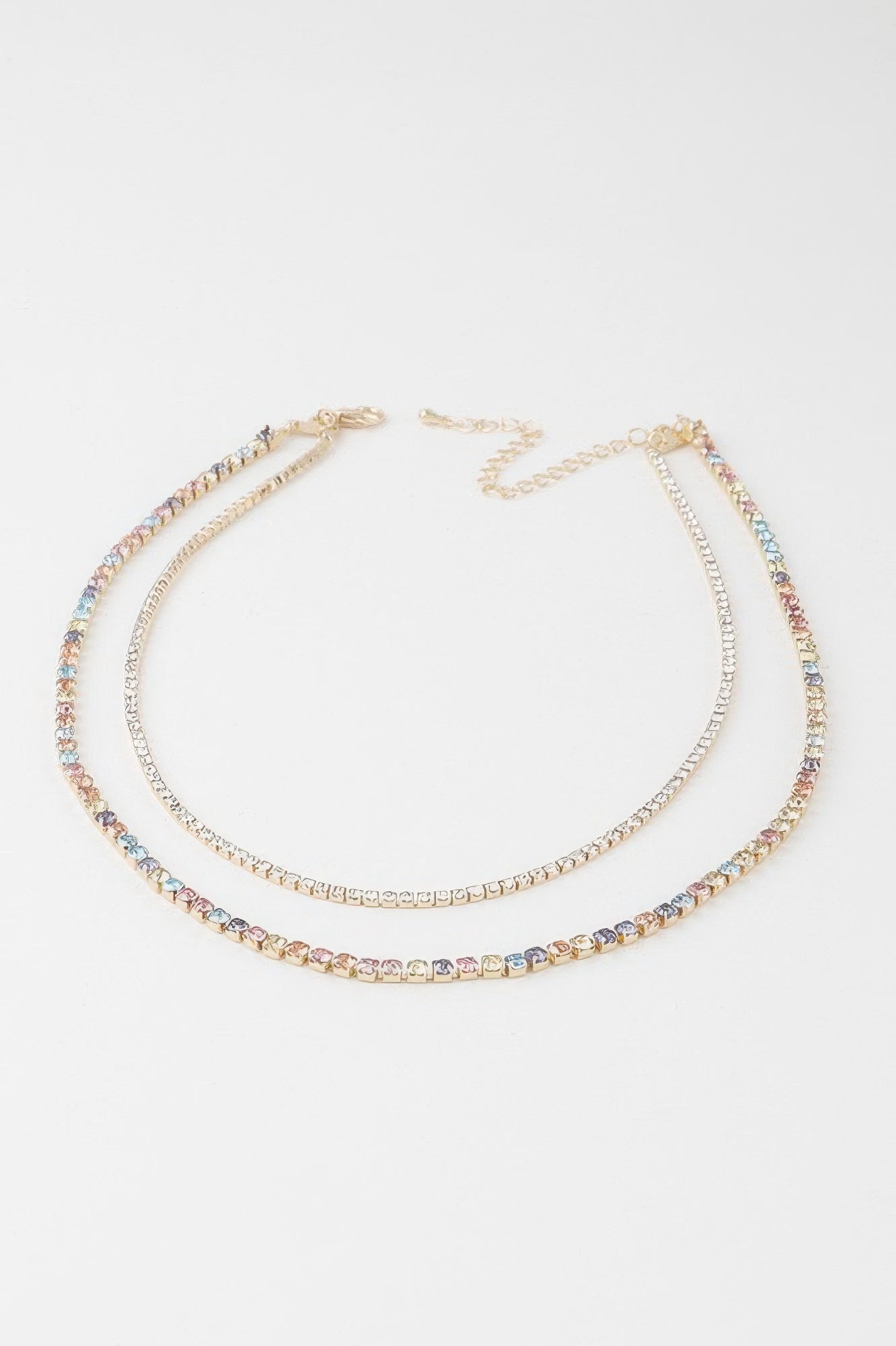 A multicolored double rhinestone necklace.