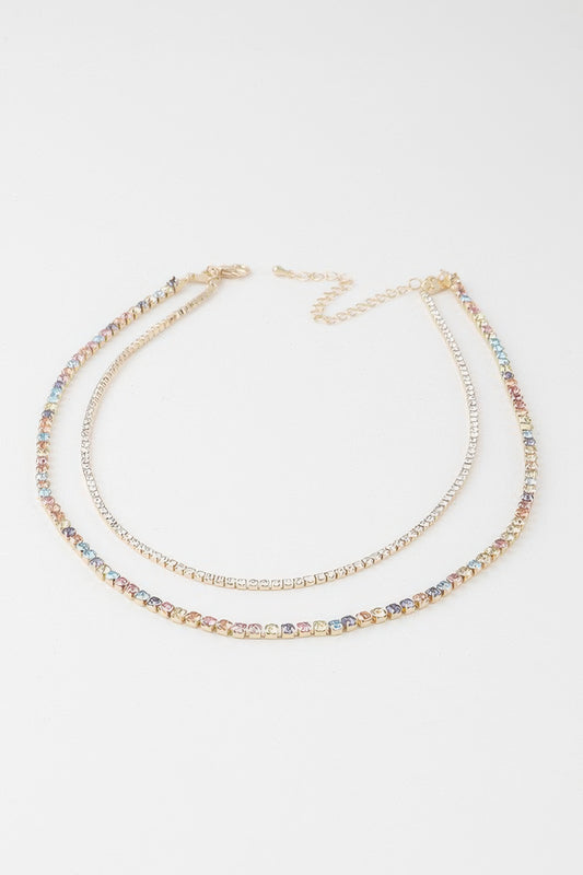 A multicolored double rhinestone necklace.