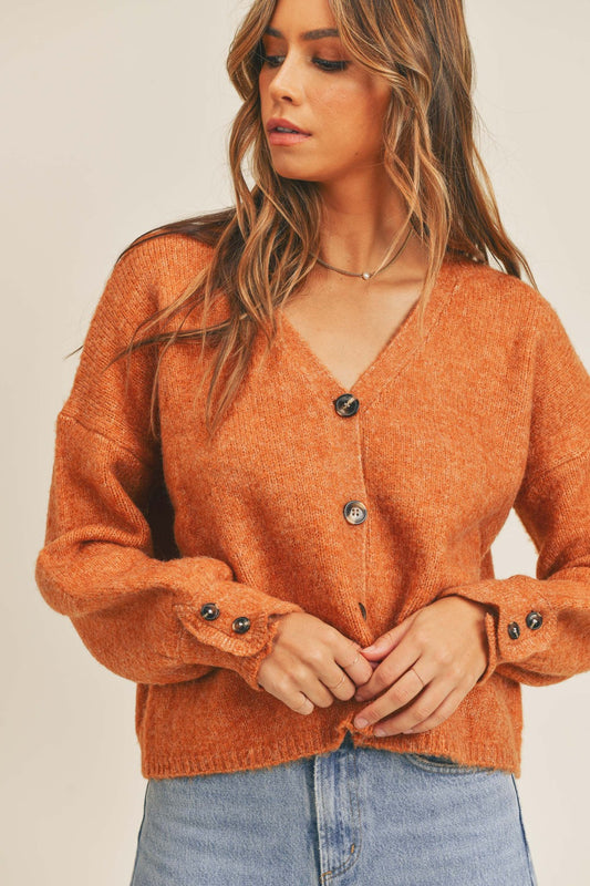 A woman posing in a rust colored long sleeve button-front cardigan.