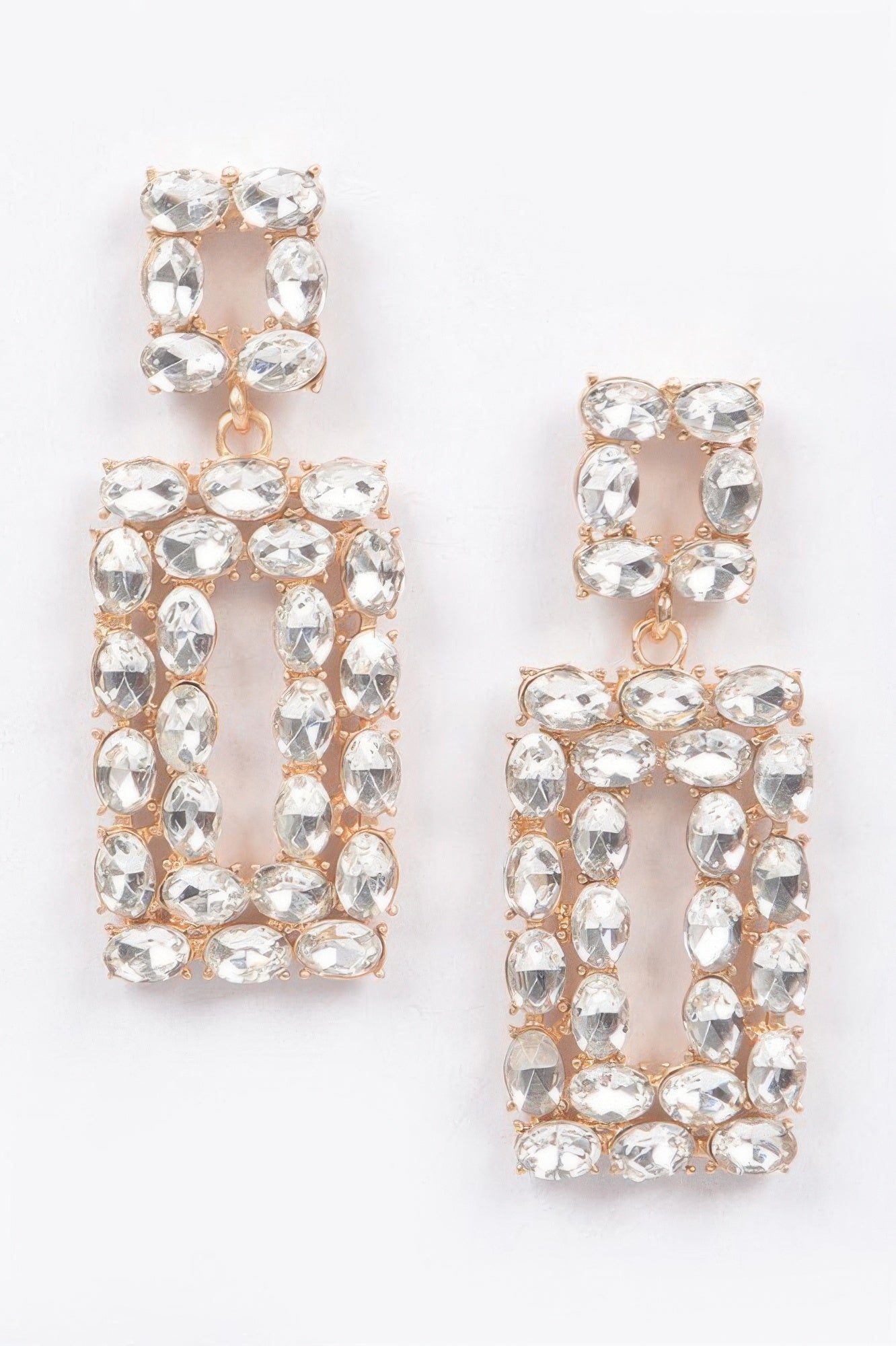 Clear rhinestone rectangle earrings.