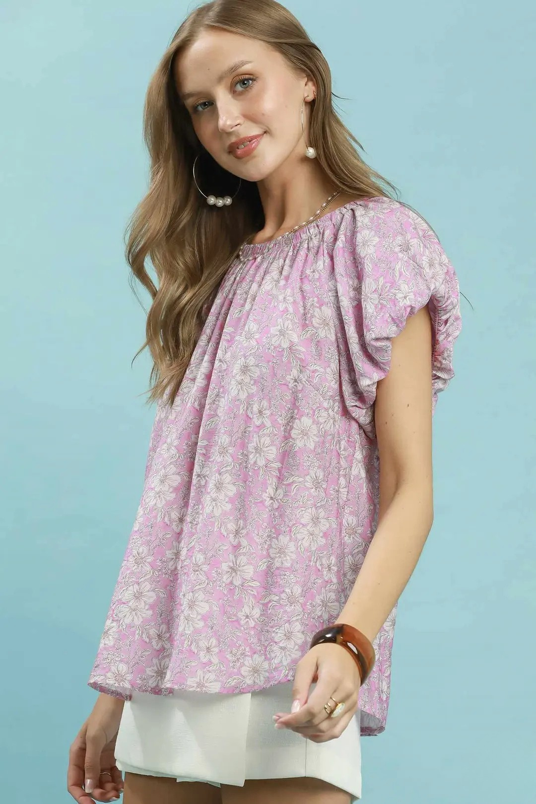 UMGEE FLORAL PUFF SLEEVE BLOUSE - PINK