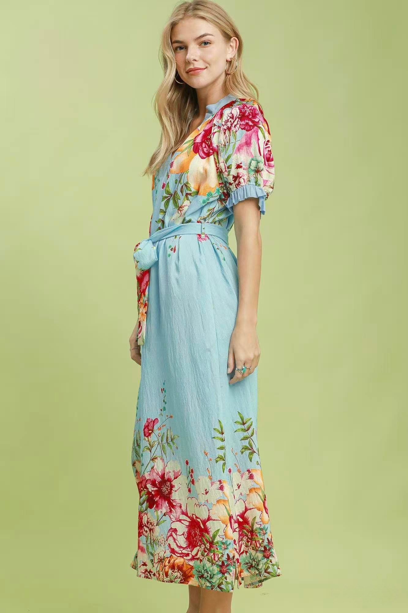 UMGEE FLORAL BORDER PRINT MIDI DRESS - BLUE MIX
