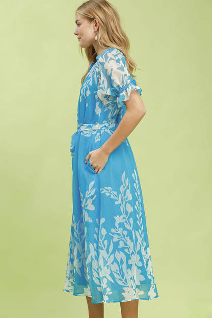 UMGEE FLORAL PRINT WAIST TIE POCKET MIDI DRESS