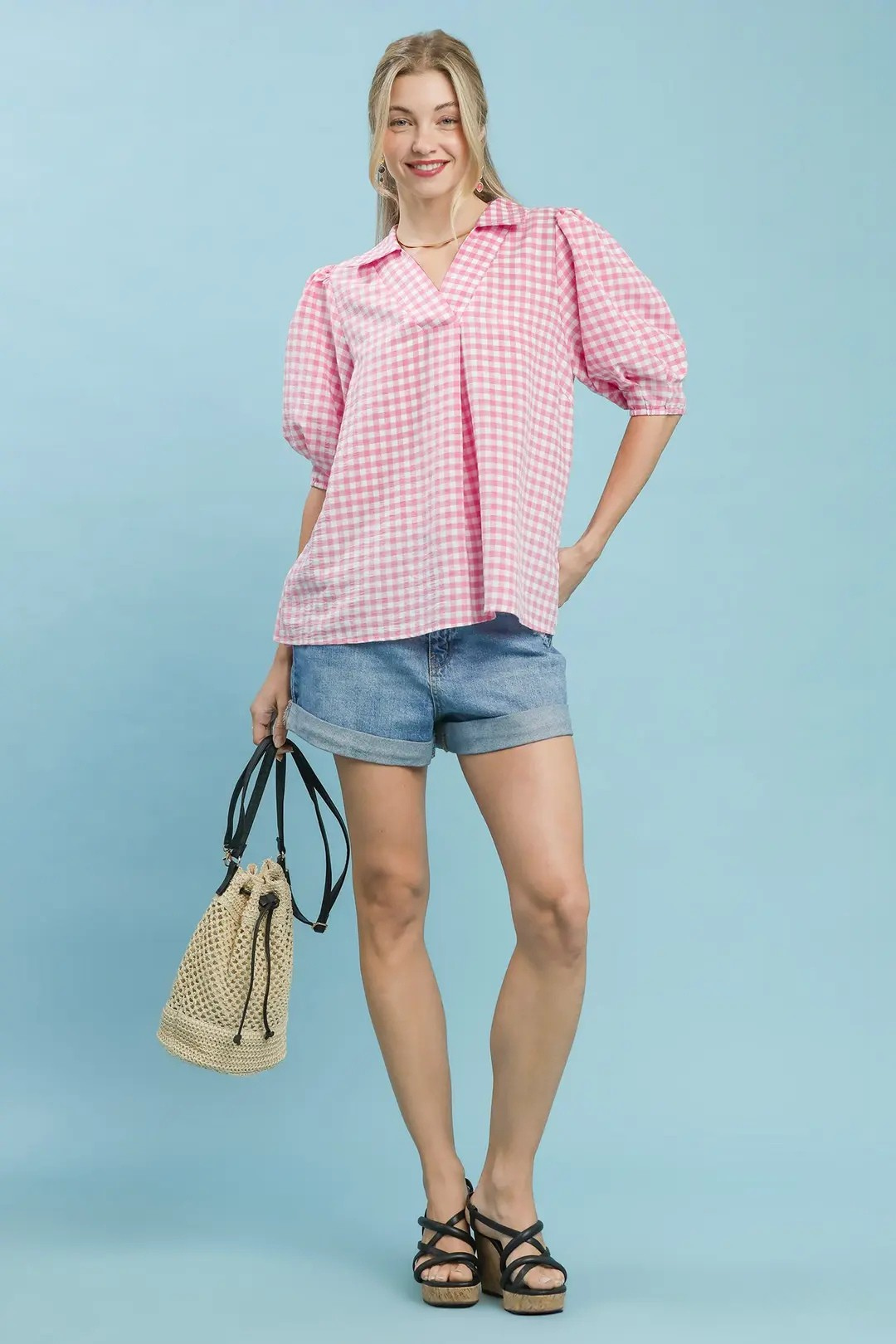 UMGEE GINGHAM PUFF SLEEVE COLLAR BLOUSE - PEONY PINK