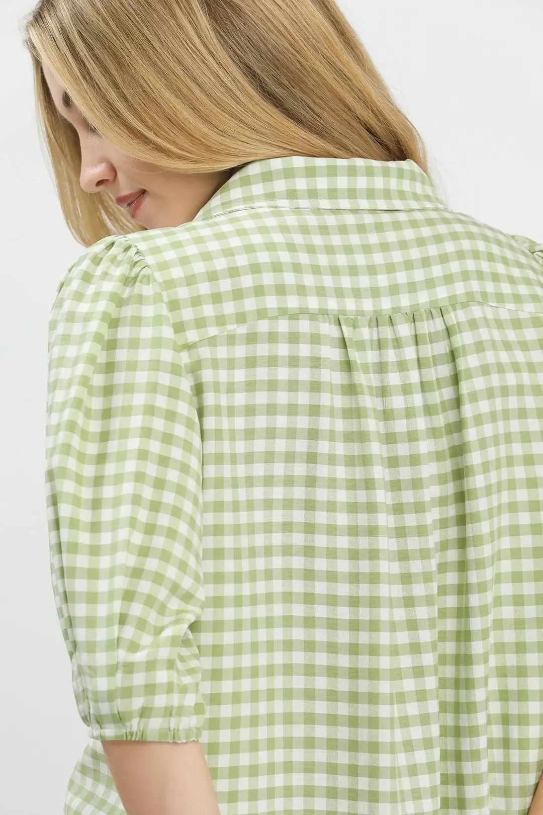 UMGEE GINGHAM PUFF SLEEVE COLLAR BLOUSE - SAGE