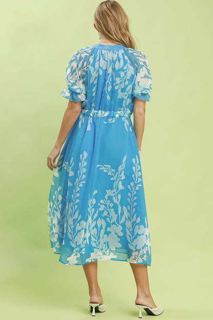 UMGEE FLORAL PRINT WAIST TIE POCKET MIDI DRESS