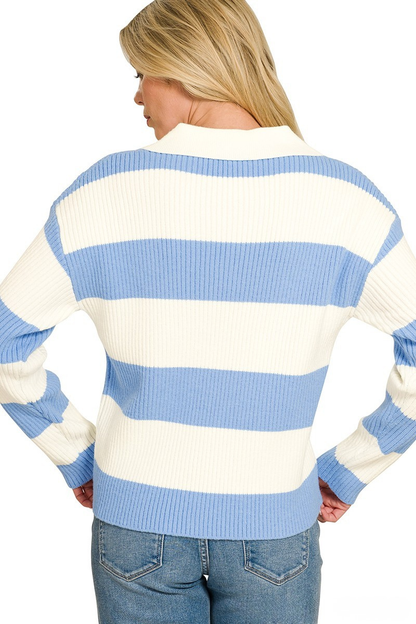 ZENANA STRIPED COLLAR SWEATER - CORNFLOWER BLUE/IVORY