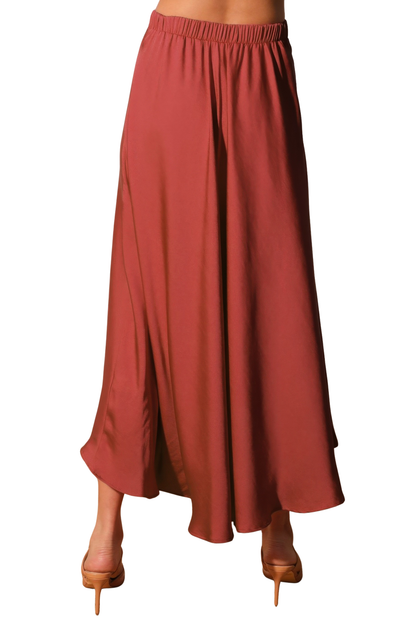 WASHED POLY SILK MIDI SWING SKIRT - BROWN