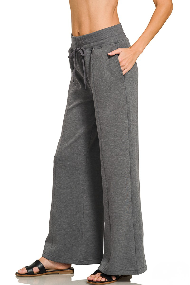 ZENANA SCUBA COLLAR PULLOVER & CENTER SEAM PANTS SET - GRAY