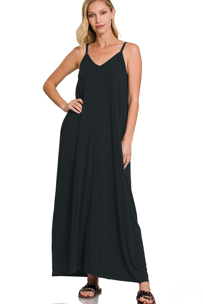 ZENANA V-NECK CAMI POCKET MAXI DRESS