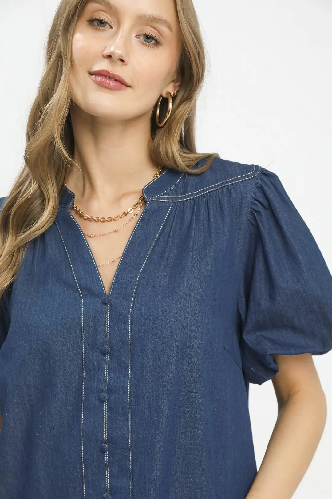 UMGEE DENIM BUTTON-FRONT PUFF SLEEVE BOHO BLOUSE - DARK WASH