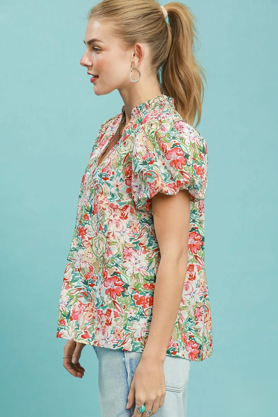 UMGEE FLORAL PUFF SLEEVE BLOUSE - CORAL MIX