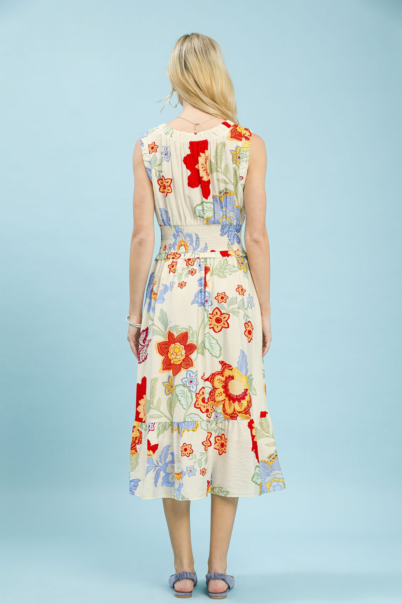 UMGEE FLORAL SMOCKED MIDI DRESS - CREAM