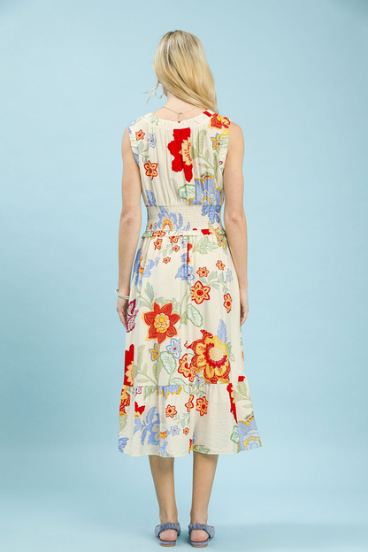 UMGEE FLORAL SMOCKED MIDI DRESS - CREAM