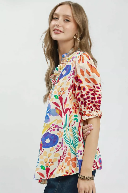 UMGEE V-NECK RUFFLE TRIM PUFF SLEEVE TOP