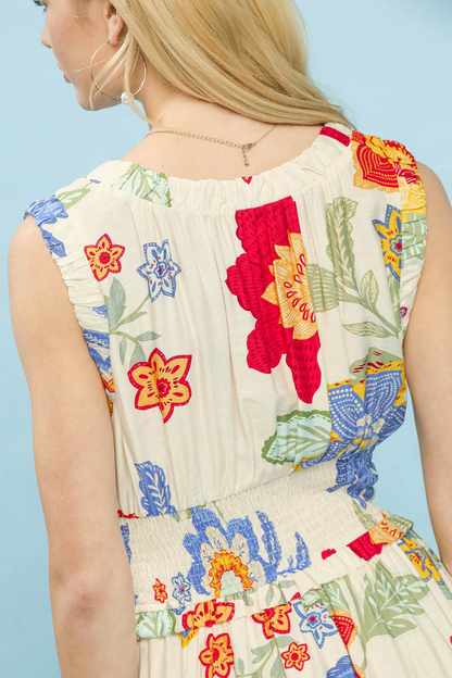 UMGEE FLORAL SMOCKED MIDI DRESS - CREAM