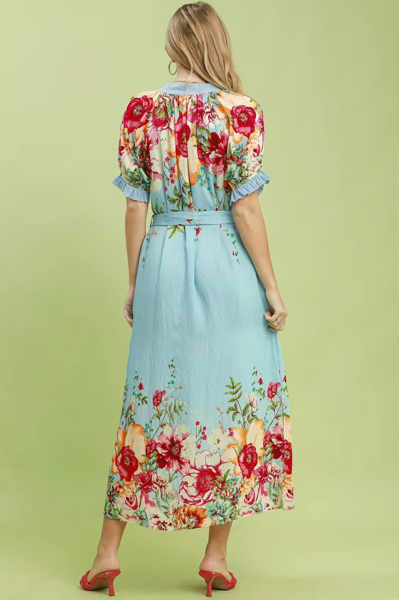 UMGEE FLORAL BORDER PRINT MIDI DRESS - BLUE MIX