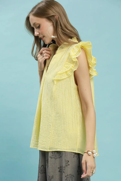 UMGEE TEXTURED RUFFLE SLEEVE SPLIT V-NECK TOP - ICE LEMON
