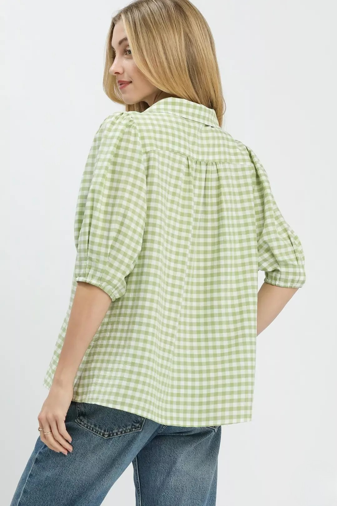 UMGEE GINGHAM PUFF SLEEVE COLLAR BLOUSE - SAGE