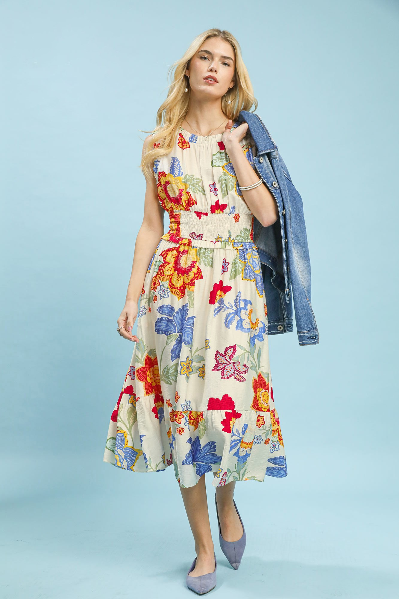 UMGEE FLORAL SMOCKED MIDI DRESS - CREAM