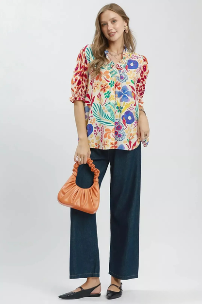 UMGEE V-NECK RUFFLE TRIM PUFF SLEEVE TOP