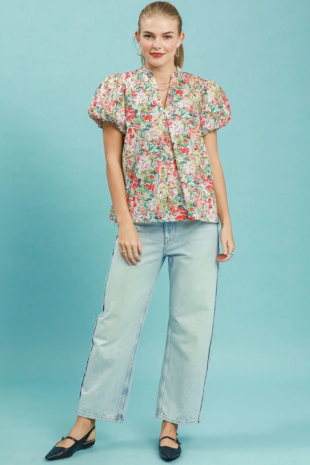 UMGEE FLORAL PUFF SLEEVE BLOUSE - CORAL MIX