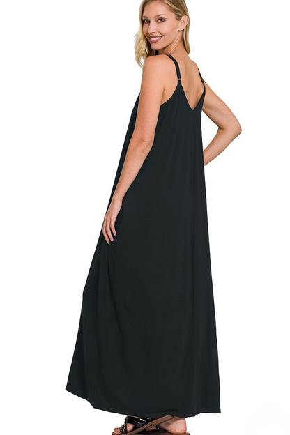 ZENANA V-NECK CAMI POCKET MAXI DRESS