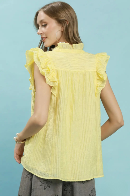 UMGEE TEXTURED RUFFLE SLEEVE SPLIT V-NECK TOP - ICE LEMON