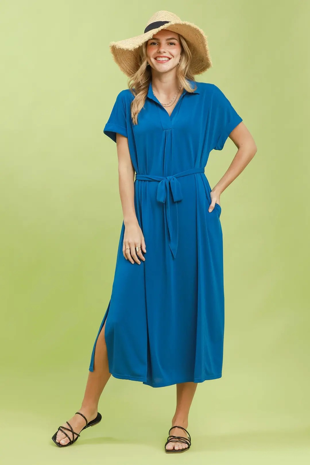 UMGEE BELTED COLLAR MIDI DRESS