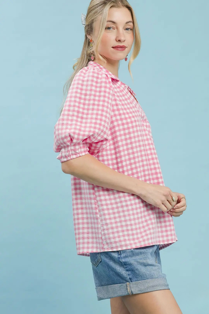 UMGEE GINGHAM PUFF SLEEVE COLLAR BLOUSE - PEONY PINK