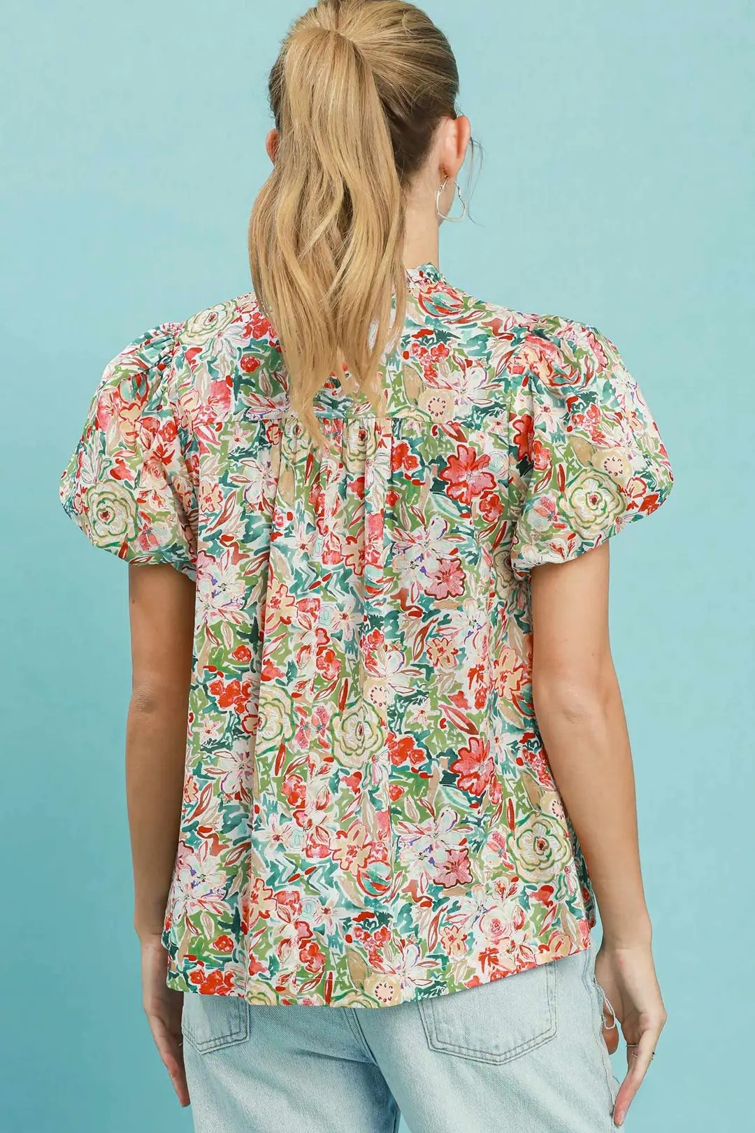 UMGEE FLORAL PUFF SLEEVE BLOUSE - CORAL MIX