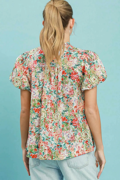 UMGEE FLORAL PUFF SLEEVE BLOUSE - CORAL MIX