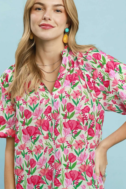 UMGEE FLORAL PUFF SLEEVE BLOUSE WITH SCALLOPED HEM