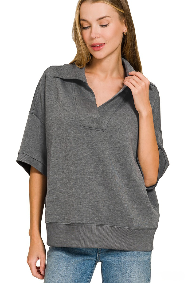 ZENANA SCUBA COLLAR PULLOVER & CENTER SEAM PANTS SET - GRAY