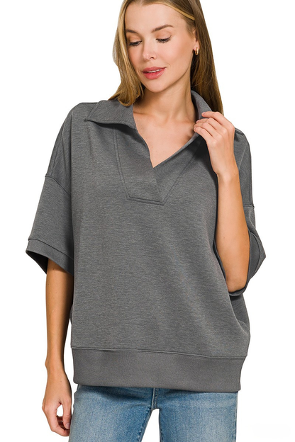 ZENANA SCUBA COLLAR PULLOVER & CENTER SEAM PANTS SET - GRAY