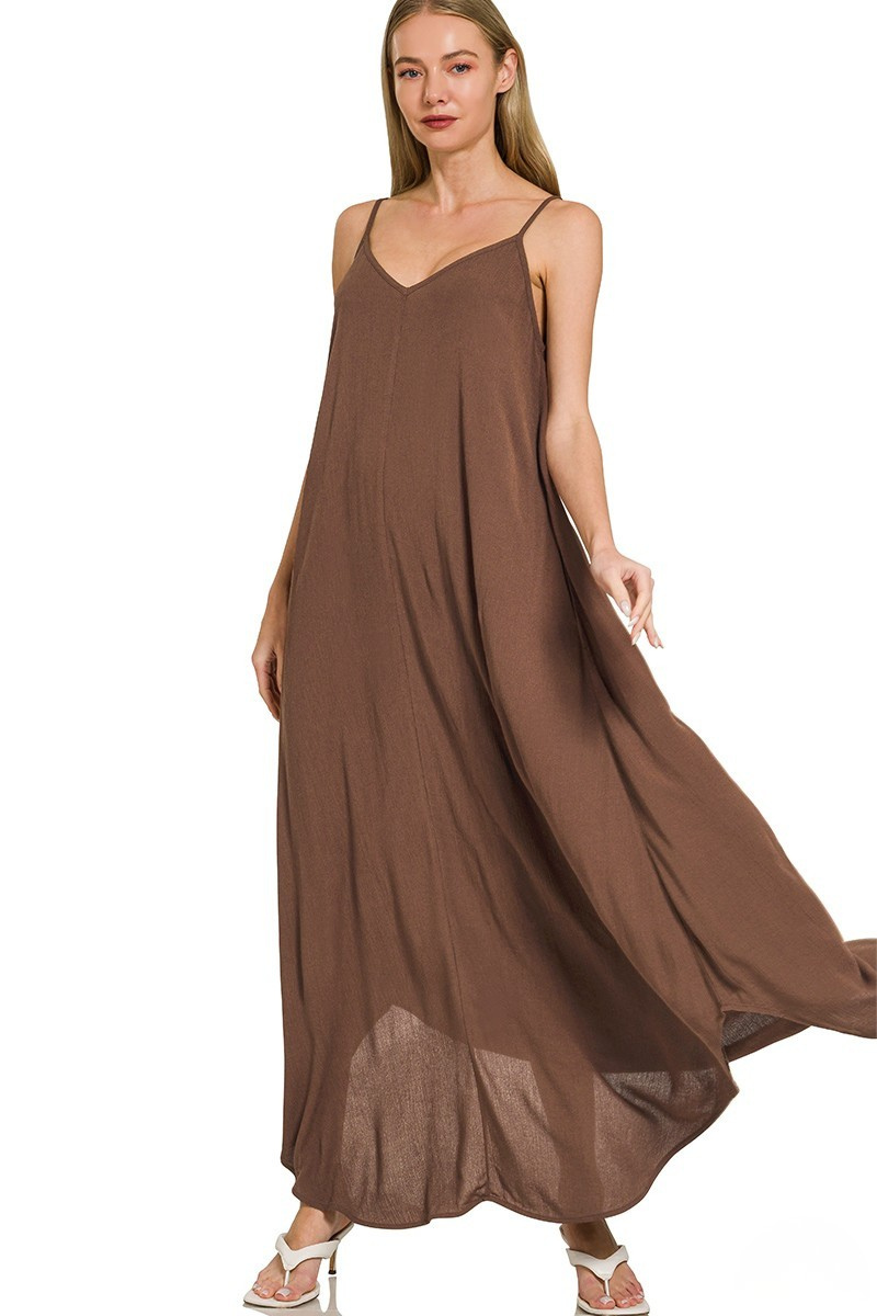 ZENANA WOVEN CRINKLE CAMI POCKET MAXI DRESS - BROWN