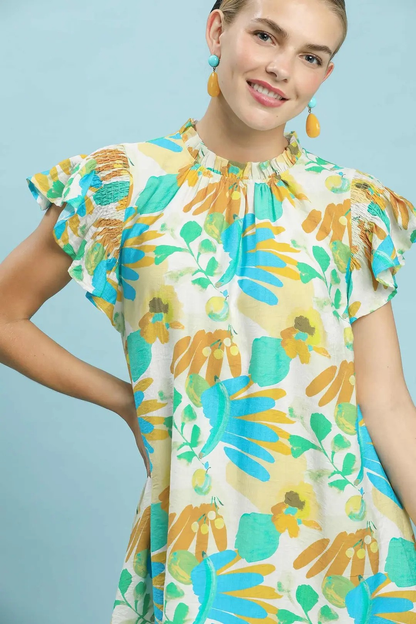 UMGEE RUFFLED BOTANICAL PRINT MINI DRESS