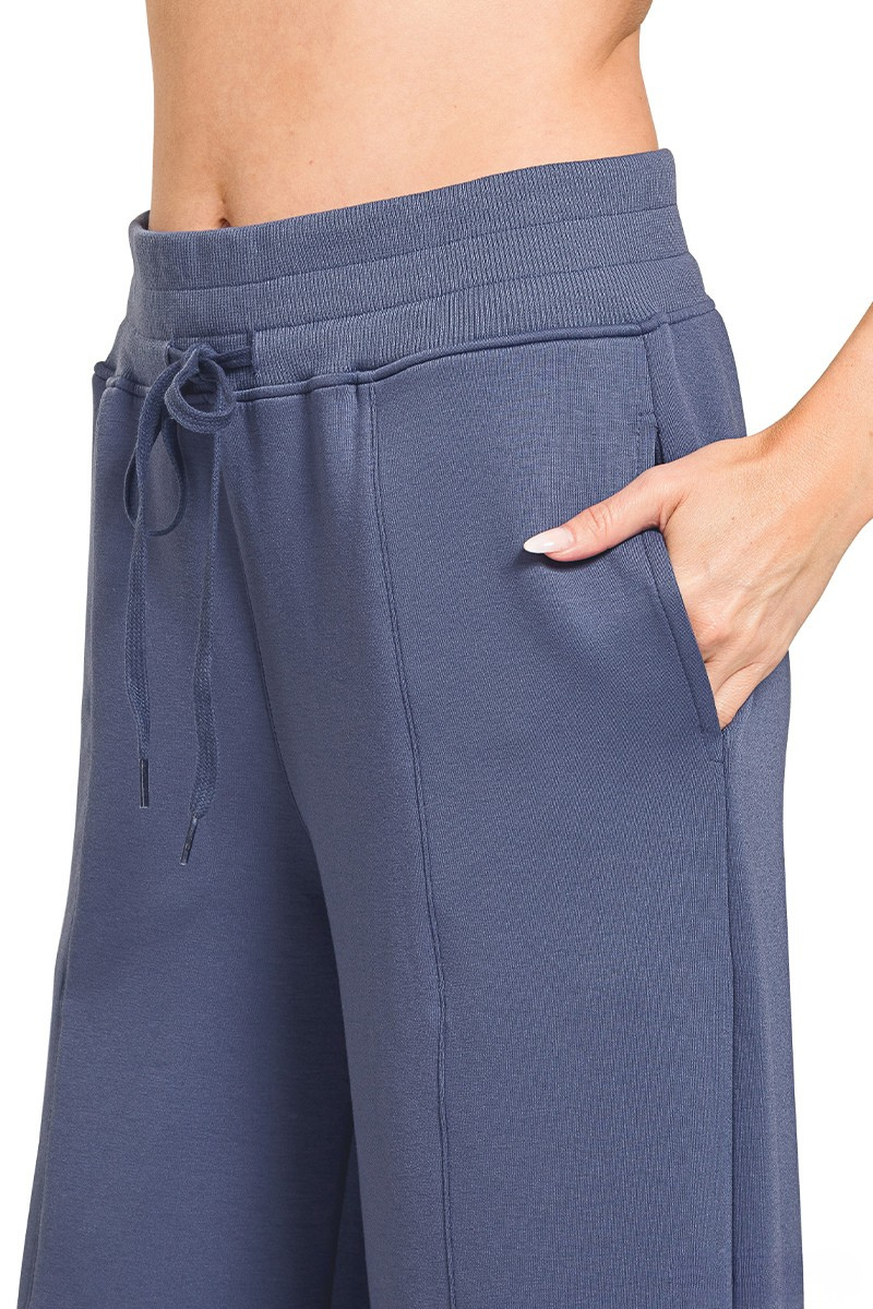ZENANA SCUBA COLLAR PULLOVER & CENTER SEAM PANTS SET - BLUE INDIGO