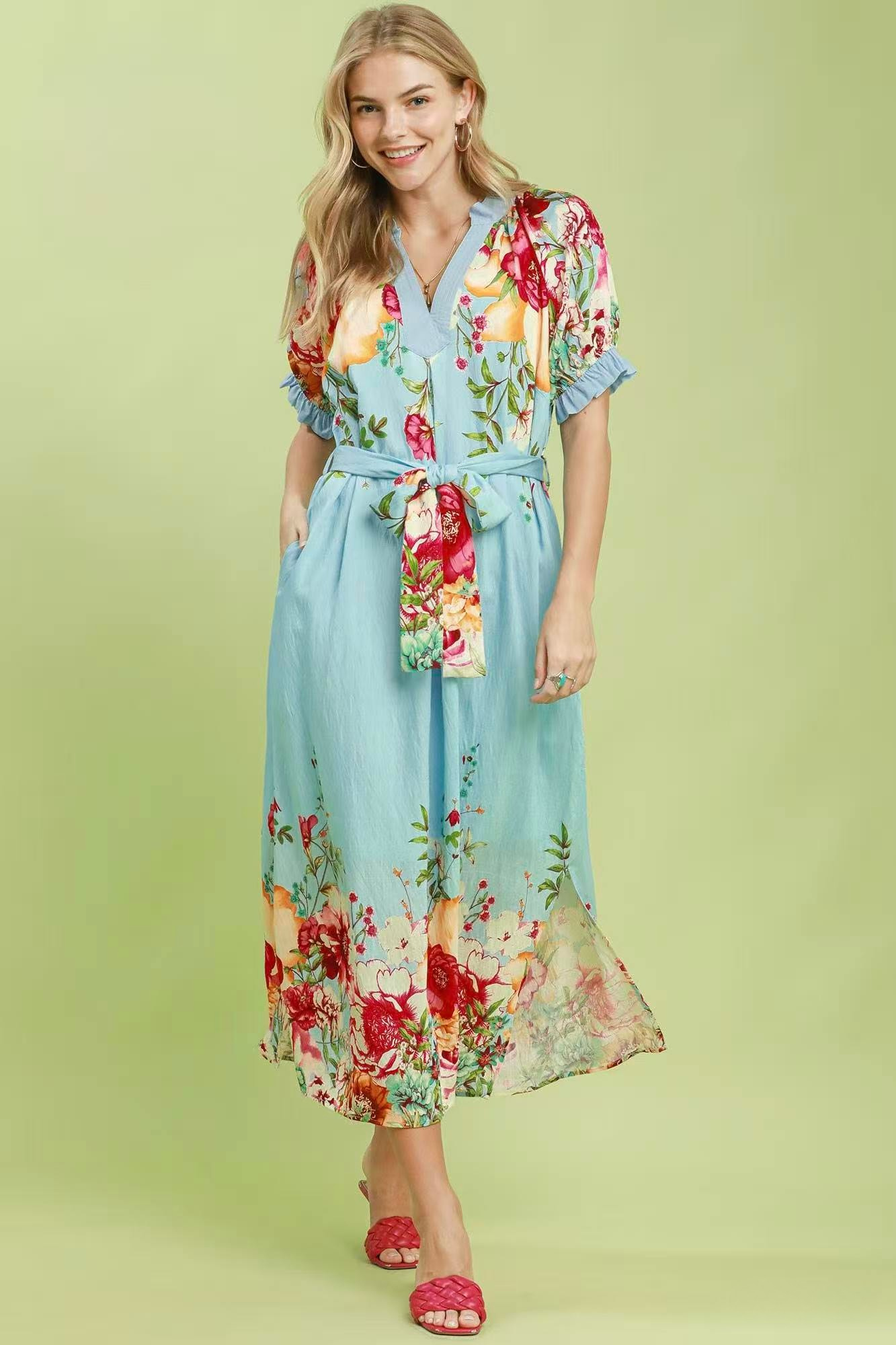 UMGEE FLORAL BORDER PRINT MIDI DRESS - BLUE MIX