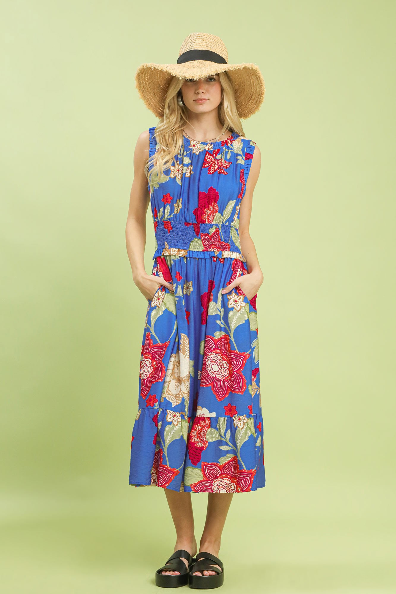 UMGEE FLORAL SMOCKED MIDI DRESS - BLUE