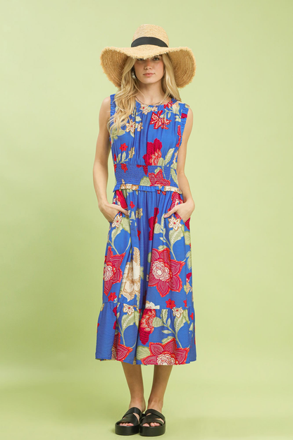 UMGEE FLORAL SMOCKED MIDI DRESS - BLUE