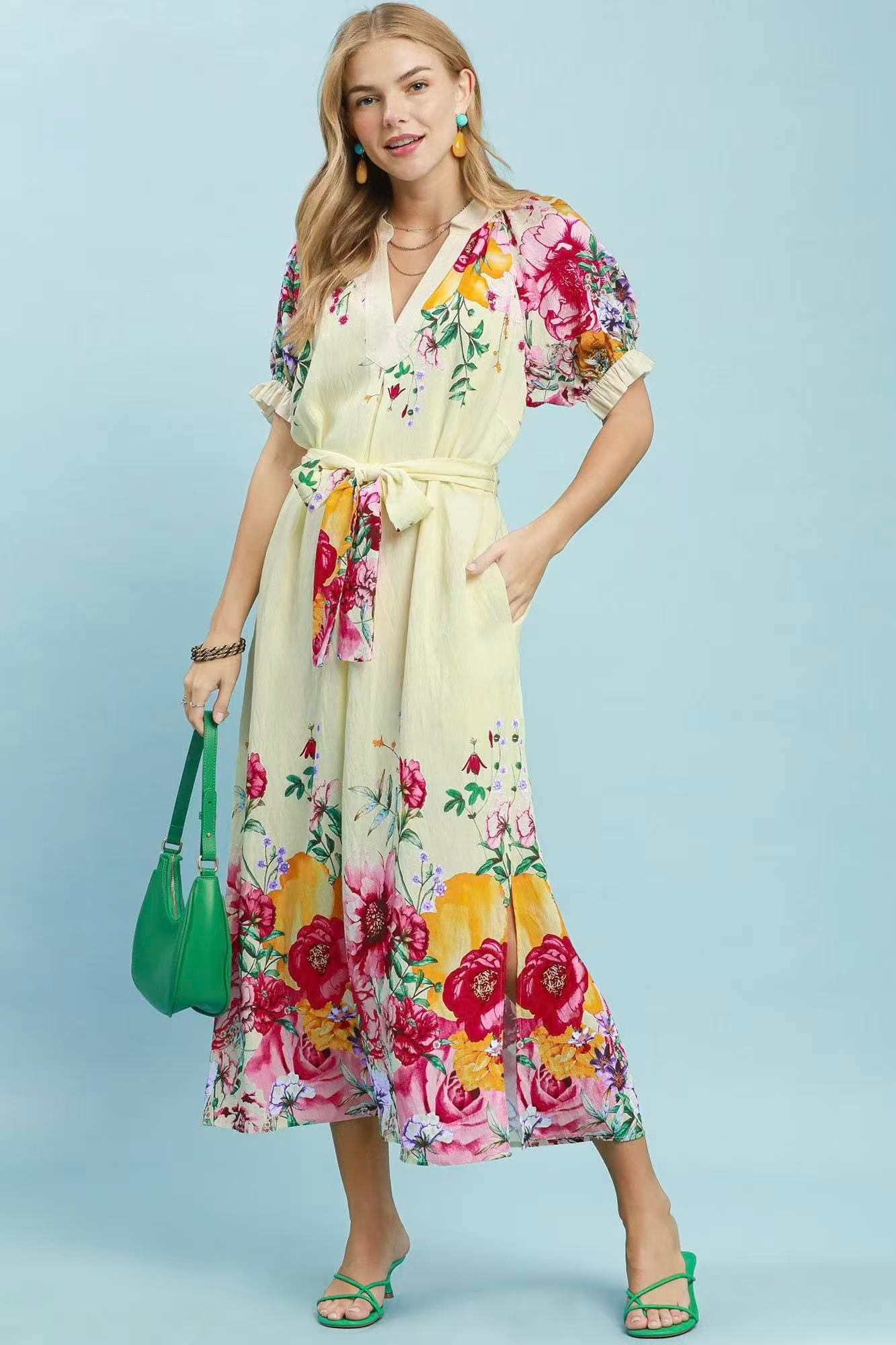 UMGEE FLORAL BORDER PRINT MIDI DRESS - ECRU MIX