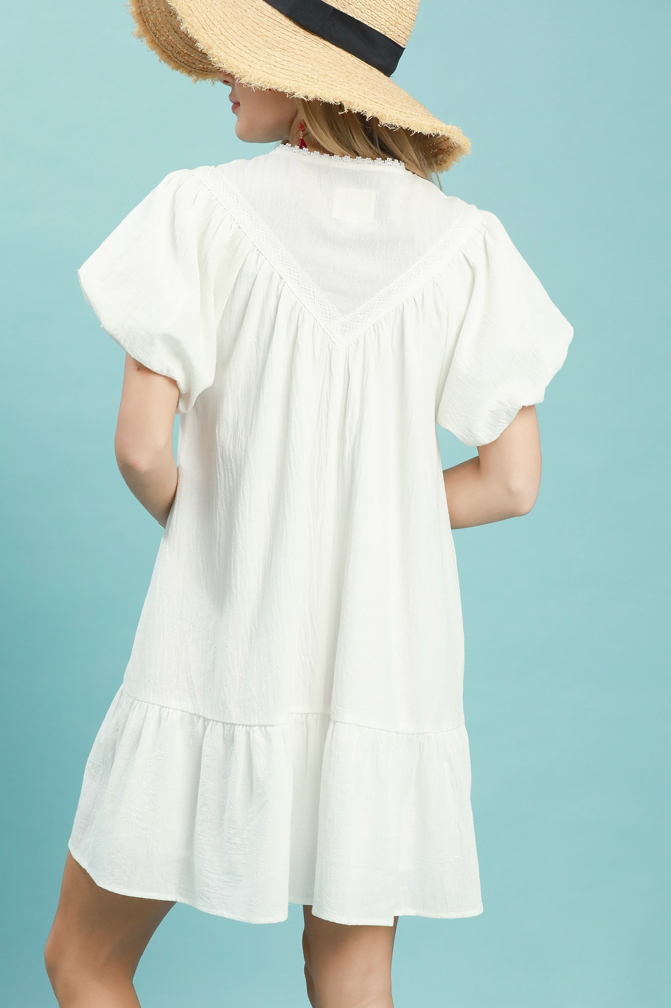 UMGEE FLUTTER SLEEVE TASSEL-TIE RUFFLE HEM MINI DRESS