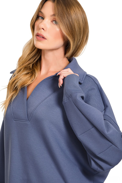 ZENANA SCUBA COLLAR PULLOVER & CENTER SEAM PANTS SET - BLUE INDIGO