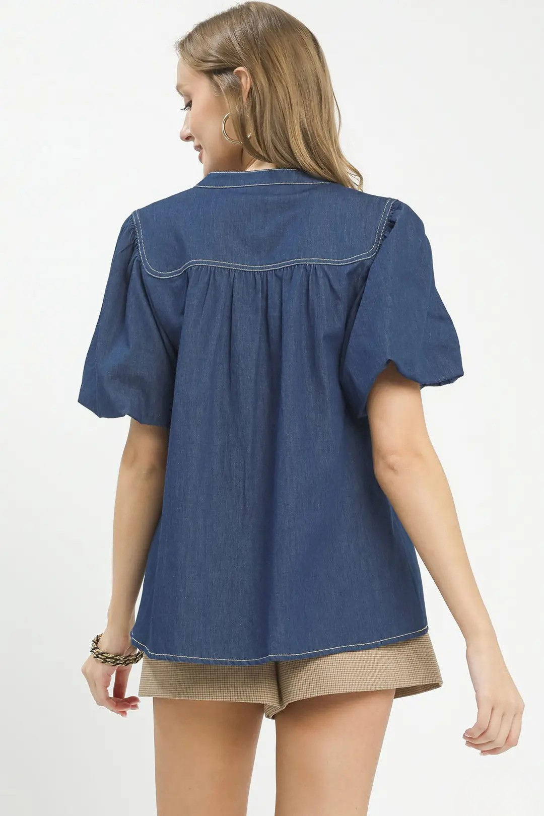 UMGEE DENIM BUTTON-FRONT PUFF SLEEVE BOHO BLOUSE - DARK WASH