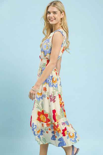 UMGEE FLORAL SMOCKED MIDI DRESS - CREAM